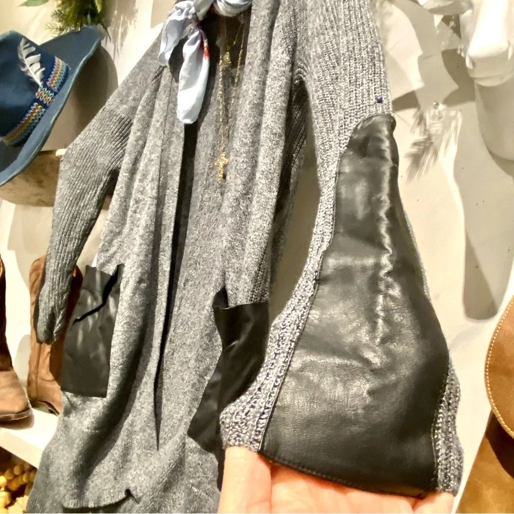 Vegan LEATHER pockets & sleeves open front boho cardigan w midcentury vibe - Picture 8 of 10